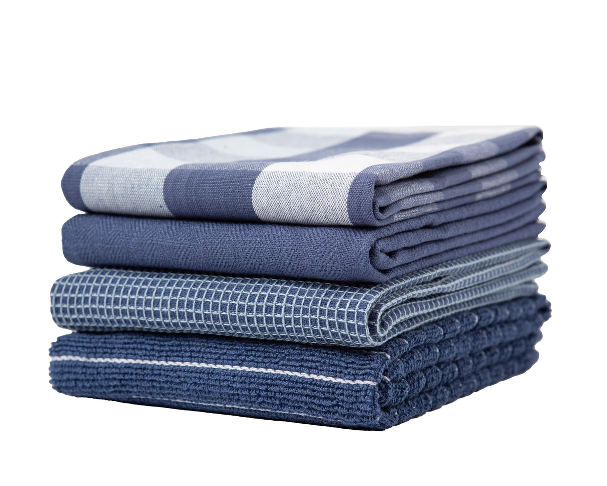 Solid and Stripe Waffle Kitchen Towel, Four Pack, Blue