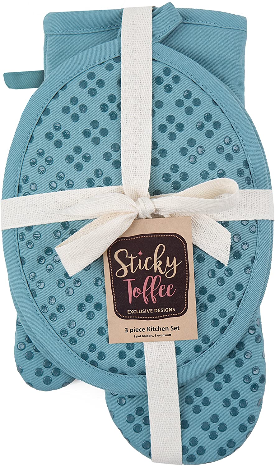 Sticky Toffee Printed Silicone Oven Mitt and Pot Holders, 100% Cotton, 3 Piece Set, Brown