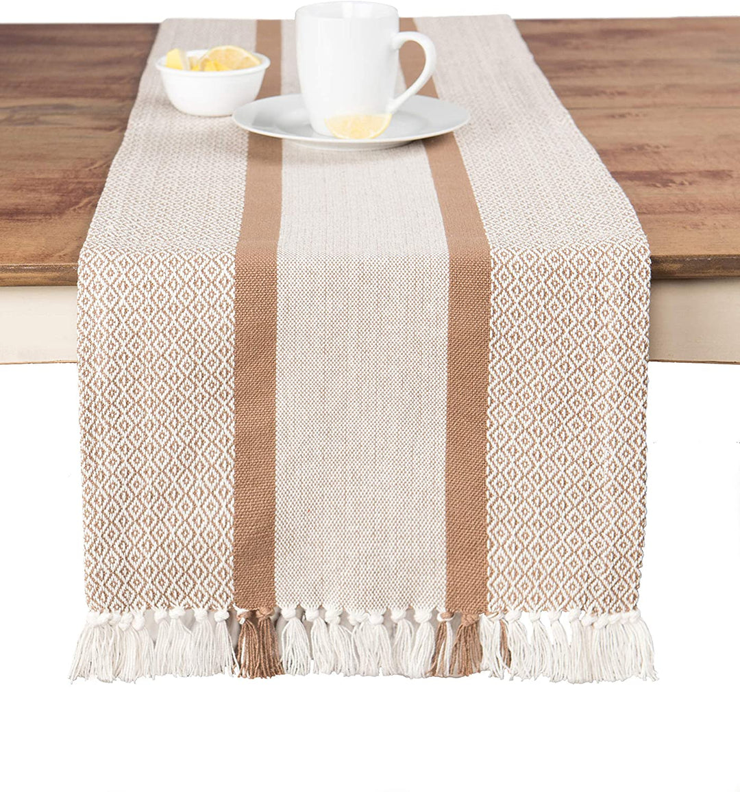 VINTAGE THREADS Cotton Table Runner - 14x72 Inches, Handmade With Tassels, Diamond Design, Off White - View #13