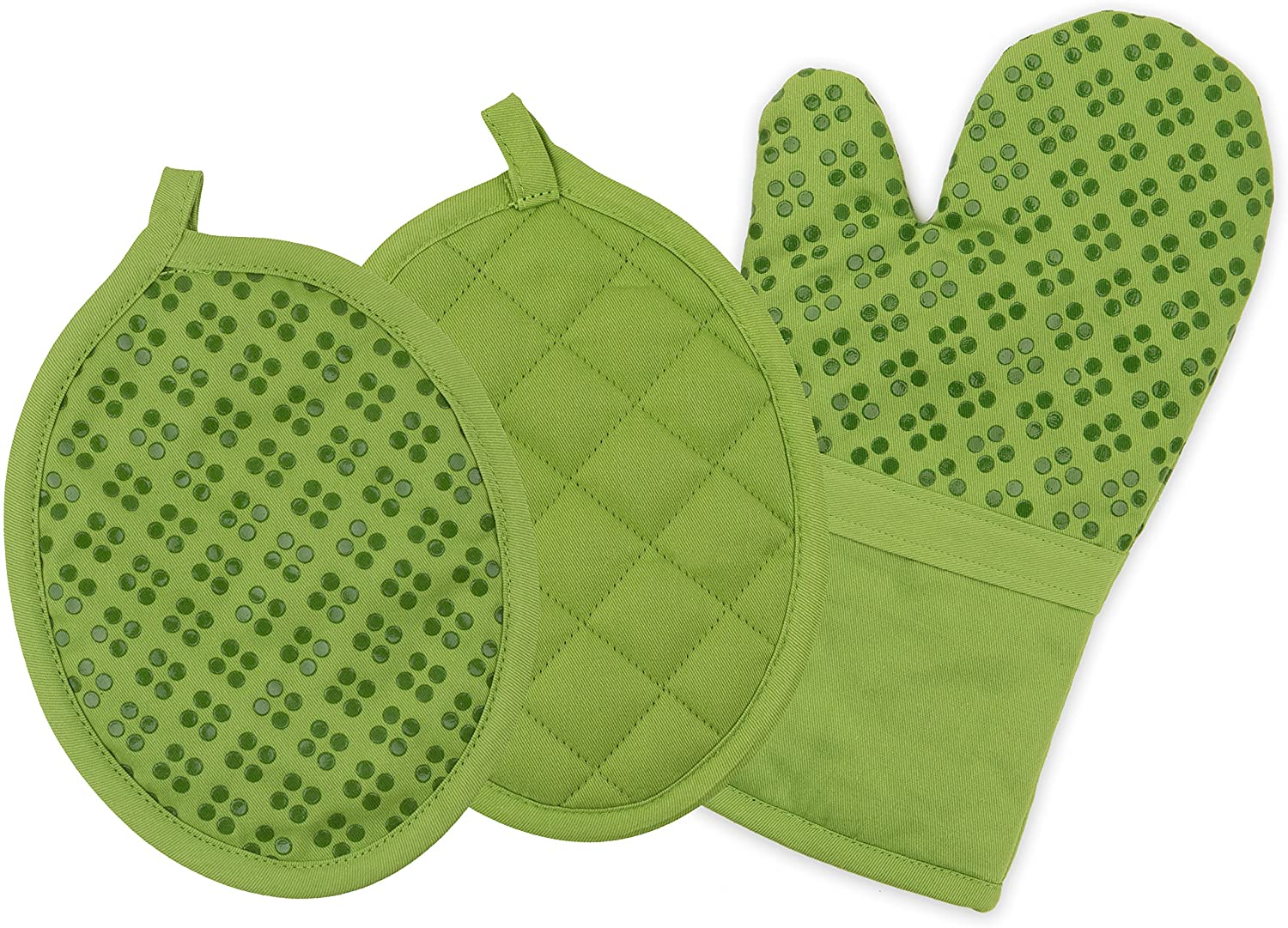 Fretwork Green & White Oven Mitts and Pot Holders Set - 1 Piece of Each