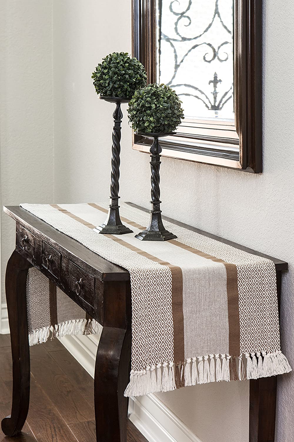Sticky Toffee Cotton Woven Table Runner with Fringe Traditional Diamo Sticky Toffee Textiles