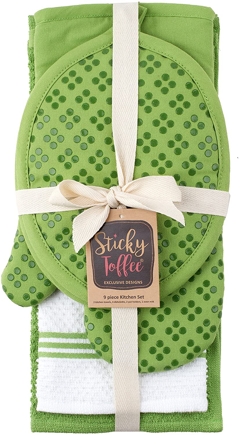 Sticky Toffee Silicone Printed Oven Mitt & Pot Holder Cotton Terry Kitchen Dish Towel & Dishcloth Brown 9 Piece Set