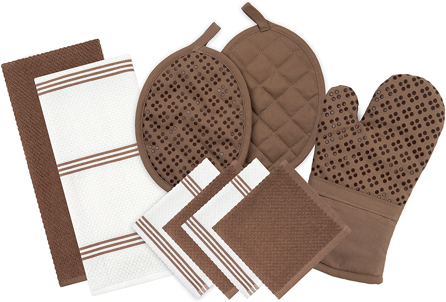 Sticky Toffee Kitchen Towels Dishcloths Oven Mitts and Pot Holders Set of  9, 100% Cotton Terry, Non-Slip Silicone, Brown