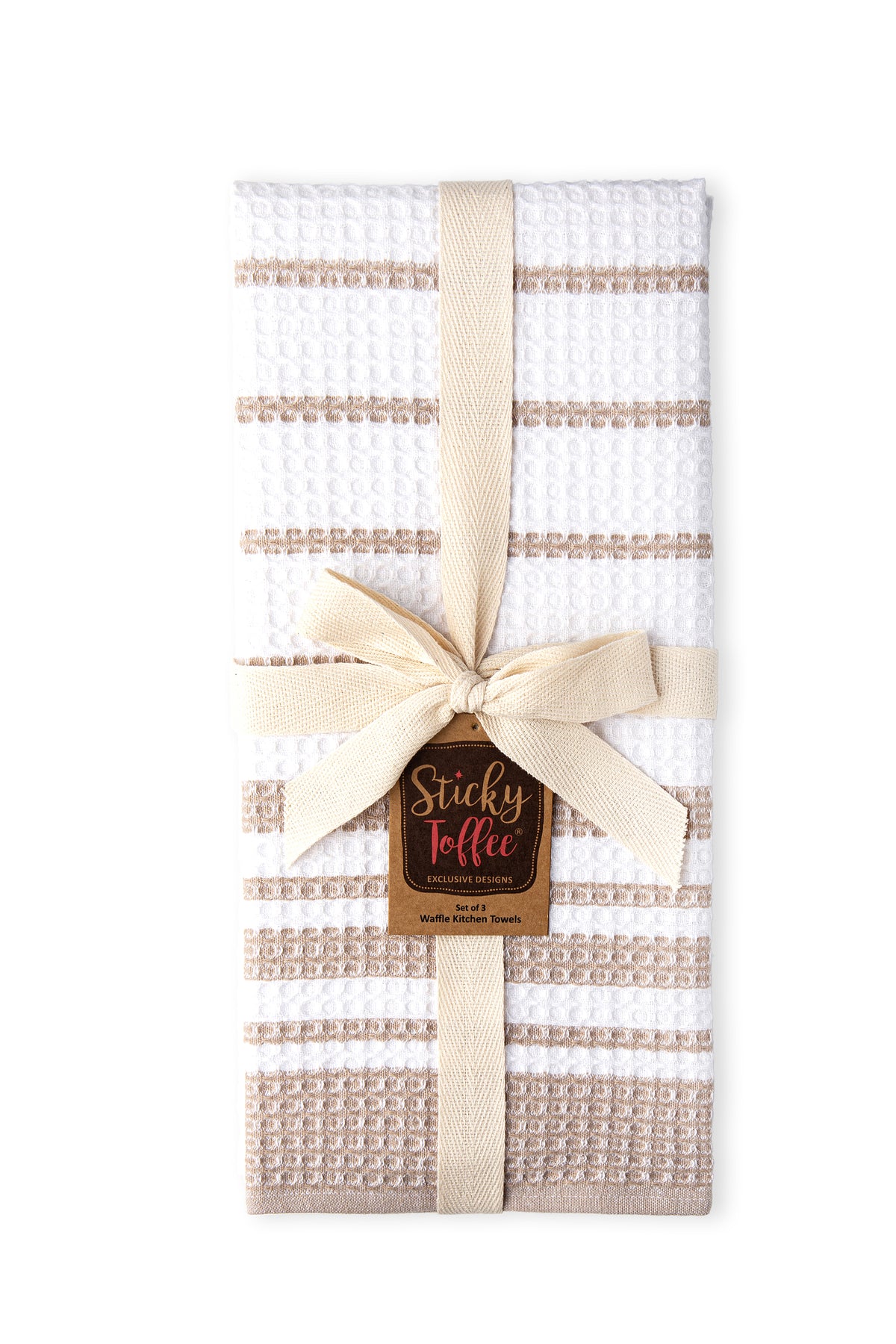 Sticky Toffee Waffle Kitchen Towels Set of 3, White and Tan Cotton Dish  Towels for Kitchen, 28 in x 16 in