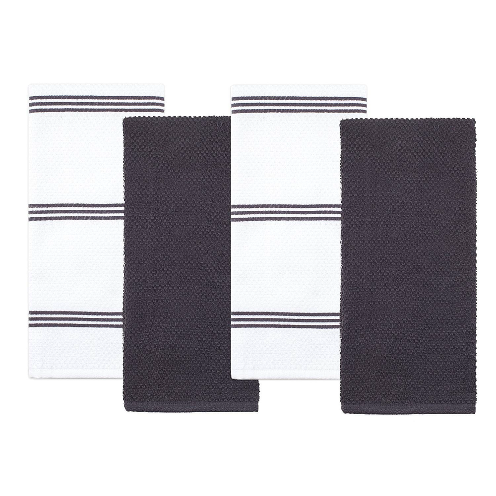 All Cotton and Linen Kitchen Towels, Cotton Dish Towels, Striped Dish Towels, Black Kitchen Tea Towels, Absorbent Hand Towels for Kitchen Set of 4